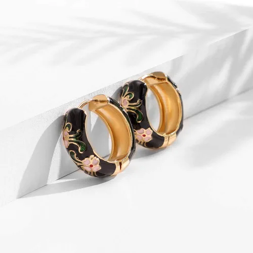 Vista 3 de Aretes de aro pequeños con diseño de flores esmaltadas vintage, estilo japonés, para mujer