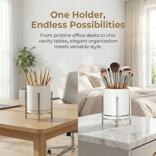 Vista 3 de Vaso de cerámica para escritorio, soporte de lápiz blanco y negro para escritorio, soporte para brochas de maquillaje de escritorio, soporte