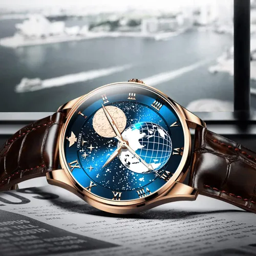 Vista 4 de OUPINKE Watches for Men Leather Automatic Moon Phases Japanese Movement Starry Mechanical Waterproof Business