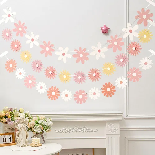 Vista 4 de Paquete de 3 pancartas de margaritas rosadas, decoraciones únicas de margaritas florales, guirnalda de margaritas florales, decoración de papel