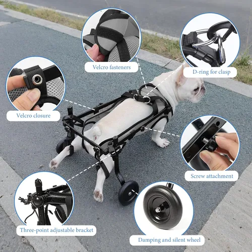Vista 7 de Silla de ruedas gris para patas traseras, herramientas de paseo para mascotas, cómoda malla transpirable para perros, ayuda de movilidad ajustable