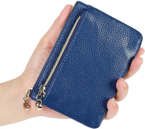 Vista 5 de Monedero de cuero genuino para mujer, con cremallera, bolsillo y bolsillo, Azul real