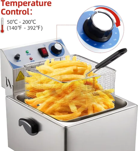 Vista 4 de PULLAFUN Freidora comercial de acero inoxidable 11L Freidora eléctrica con control de temperatura, tanque grande individual y grande, papas fritas