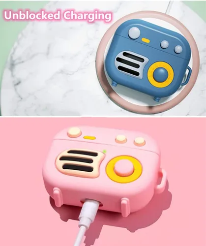 Vista 4 de KAIJIA - Bonita funda para Apple AirPods 3ª generación 2021 con llavero, divertido diseño de radio retro de dibujos animados en 3D, funda protectora
