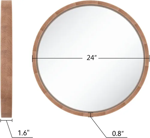 Vista 5 de LYYYXGYP Espejo redondo de madera de 24 pulgadas, espejo de pared de granja con marco de madera, espejo circular marrón para baño Espejo de baño
