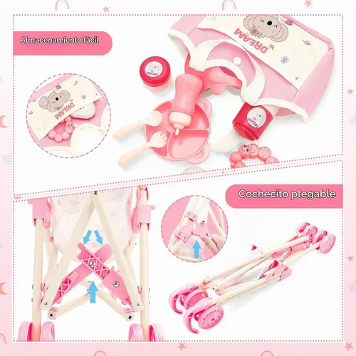 Vista 3 de deAO Juguetes de Cochecito de Muñeca Bebé con Muñeca Bebé de 12" Accesorios Cama de Cuna Silla Alta Conjunto de Juego de Roles de Guardería Tapete
