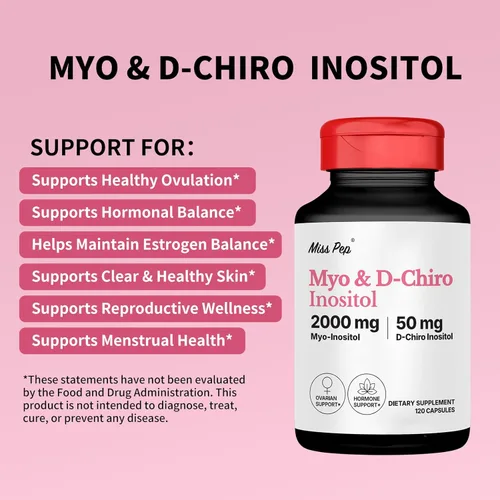 Vista 2 de Suplemento de mio-inositol y D-Chiro inositol para mujeres, equilibrio hormonal, apoyo menstrual y salud ovárica, proporción ideal de 40:1, 120