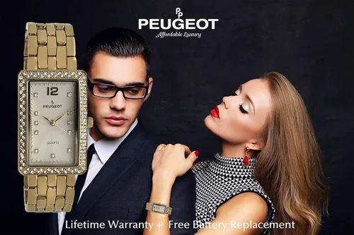 Vista 5 de Peugeot - Reloj de pulsera analógico con forma de tanque para mujer con brazalete de eslabones con bisel de cristal