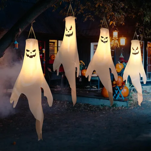 Vista 5 de Decoraciones de Halloween, para colgar al aire libre, calcetines de viento fantasma para árboles con temporizador, fantasmas LED para colgar