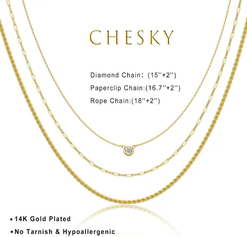 Vista 5 de CHESKY - Collares de oro escalonados para mujer, cadena delicada de 14 quilates, diseño de eslabones cubanos a la moda, con cierre de círculo