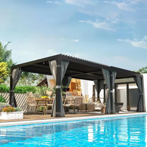 Vista 18 de EROMMY Pérgola con Persianas de 10x10 Pies, Refugio de Sombra Solar para Exteriores con Marco de Aluminio y Techo de Metal Ajustable Resistente a