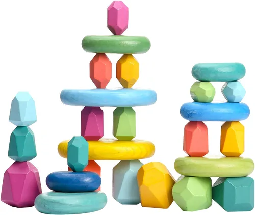 Vista 9 de OESSUF Rocas apilables extragrandes para niños pequeños de 1 a 3 años, 16 piezas de juguetes Montessori de madera, piedras de equilibrio jumbo