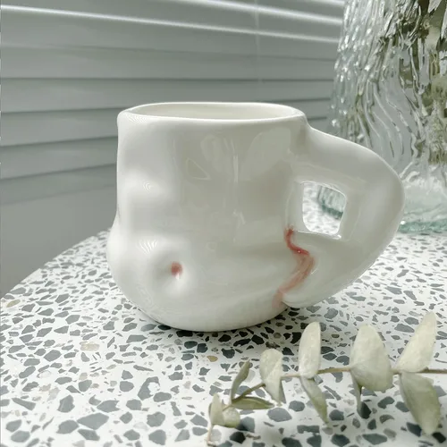 Vista 6 de Taza de cerámica hecha a mano para el vientre grueso Taza de café con mango de brazo Taza grasa Taza de café Potbelly Regalo del día