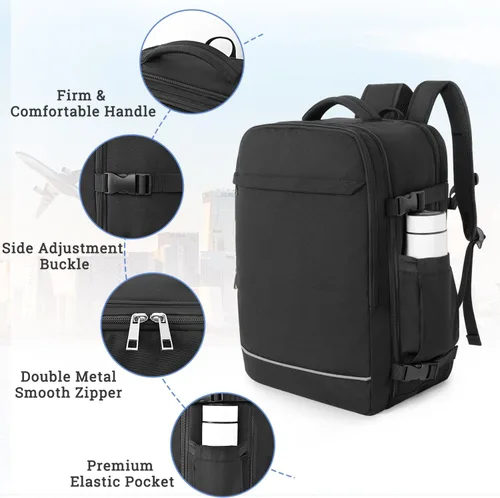 Vista 6 de Sinaliy Mochila de viaje grande para mujeres y hombres, mochila de transporte aprobada por vuelo de 40L, Negro -, Mochilas de viaje
