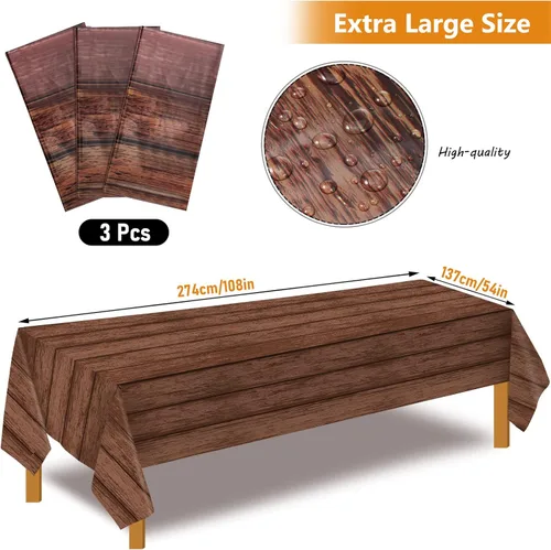 Vista 2 de Irenare Mantel de plástico de grano de madera de 3 piezas, 54 x 108 pulgadas, manteles de madera rústica para mesa rectangular, mantel vintage