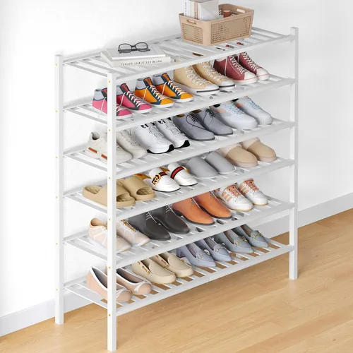 Vista 107 de Smiry Zapatero de bambú para armario, organizador de zapatos de madera de 3 niveles, estante apilable de almacenamiento de zapatos de madera
