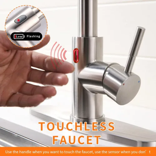 Vista 6 de OWOFAN Grifo de cocina sin contacto con rociador extraíble, luz LED, grifo de fregadero de cocina de una sola manija, sensor de movimiento, manos