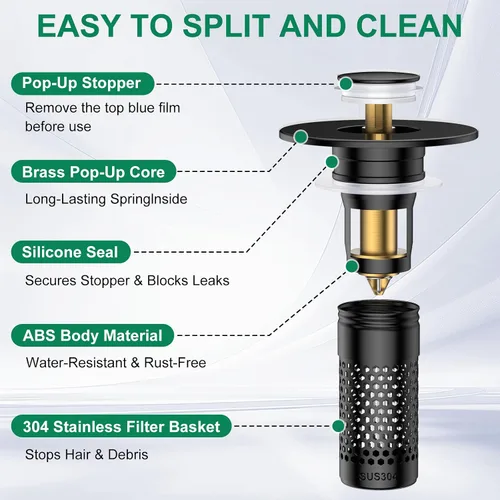 Vista 6 de Colador de drenaje para lavabo de baño, tapón universal para fregadero Negro