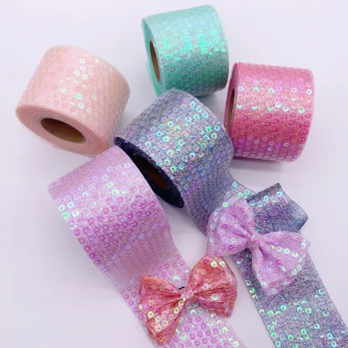 Vista 4 de Rollo de tul de lentejuelas con purpurina colorida de 2.36 pulgadas x 10 yardas, cinta de tela de organza para falda tutú, lazo de costura