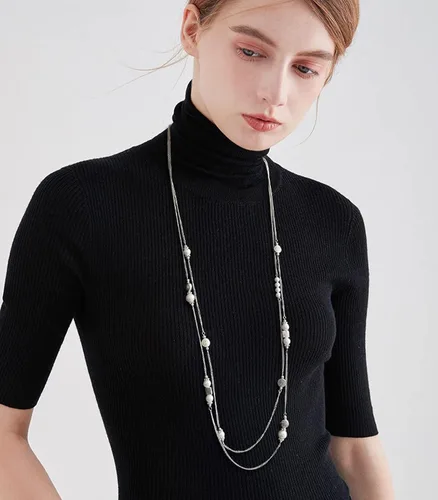 Vista 3 de BULINLIN Collar largo de plata en capas para mujer, collar de cadena de suéter con cuentas de piedra turquesa para mujer, joyería de disfraces