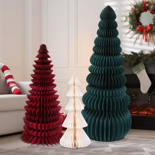 Vista 10 de 3 piezas de árbol de Navidad grande de panal, clásico, beige, verde, marrón
