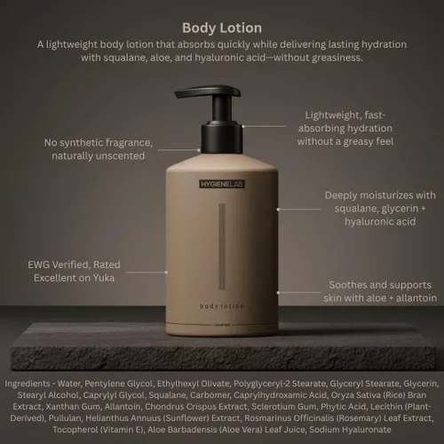Vista 2 de HygieneLab Loción corporal para hombres - Verificado por EWG, ultra hidratante, no tóxico, de rápida absorción, sin fragancia, sin perfume, sin