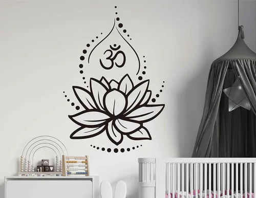 Vista 2 de Calcomanías de vinilo de loto para pared, diseño de signo de Om para yoga, meditación, murales extraíbles para decoración de habitación, flor LC262