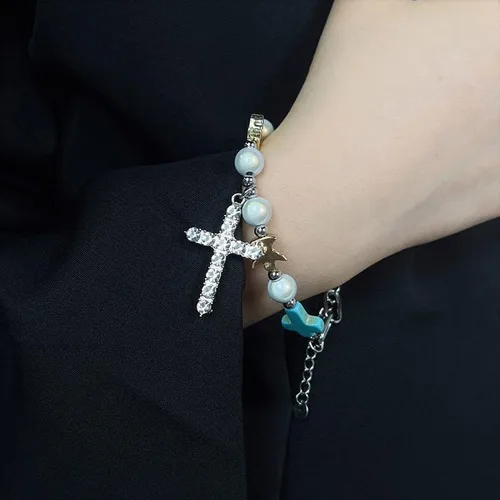 Vista 4 de Pulseras de primera comunión para niñas, para mi hija, nieta, cristiana, cruz cristiana, regalo de bautismo, vintage, turquesa, dijes, joyería