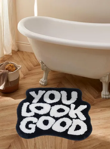 Vista 6 de Alfombra de baño negra con texto en inglés "You Look Good", alfombra de baño divertida, bonita, antideslizante, de microfibra, de felpa, pequeña