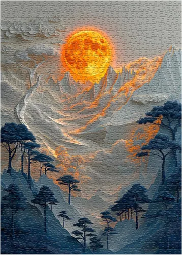 Vista 7 de Rompecabezas de montaña para adultos de 1000 piezas, fantasía, luna roja, paisaje, naturaleza, paisaje, escénico, cañón de árbol, bosque, corte