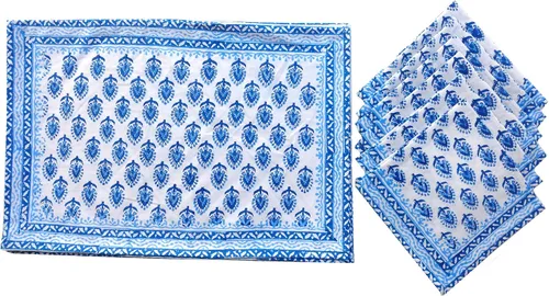 Vista 18 de Juego de 6 manteles individuales 100 % algodón estilo indio para mesa de comedor y servilletas (azul 1)
