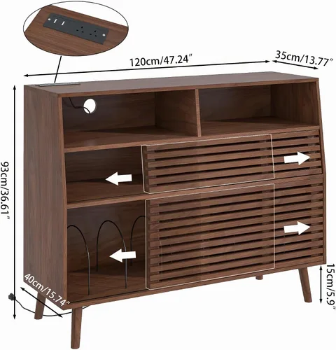 Vista 7 de Jluomei Soporte grande para tocadiscos, soporte para tocadiscos de mediados de siglo con puertas y estación de carga, mesa para tocadiscos