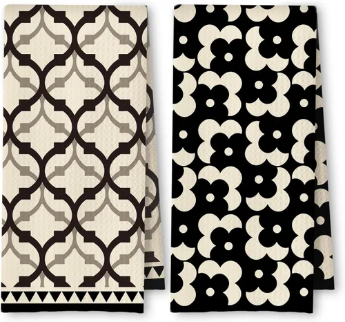 Vista 11 de Toallas de Cocina a Cuadros Neutros Bohemios, Toallas de Cocina y Té a Cuadros Beige y Negro para Decoración de Cocina, Toallas de Mano Retro