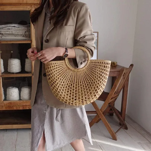 Vista 5 de Bolso de paja de verano de gran capacidad, hecho a mano, tejido de ratán, bolsa de viaje, para mujer