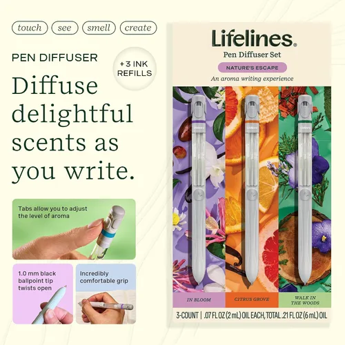 Vista 2 de Set de Difusor de Bolígrafo Lifelines, Escape Natural 3-Pack – Bolígrafos Esféricos Negros de 1mm con Mezclas de Aceites Esenciales Aromatizados