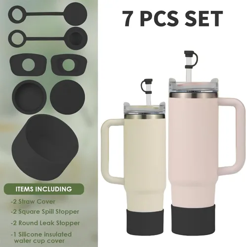 Vista 5 de Juego de tapones y fundas de silicona para vasos Stanley, 7 unidades, color negro Stanley Cup - Juego de accesorios compatibles con H2.0, fundas