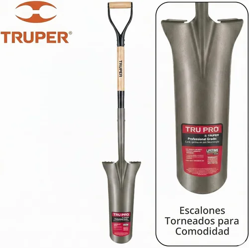 Vista 3 de Truper Tru Pro - Pala de drenaje de 16 pulgadas, mango de madera de fresno prémium de 32 pulgadas con agarre en D, escalones torneados, pala