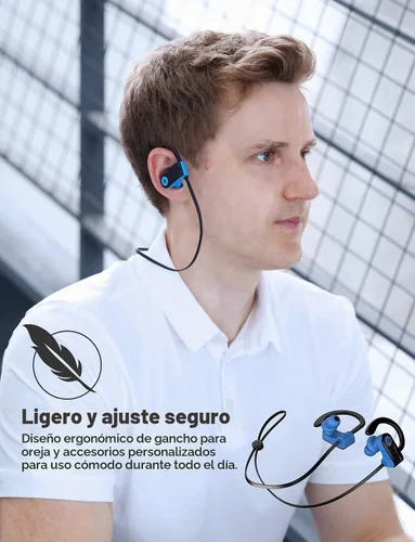 Vista 6 de Auriculares Bluetooth, auriculares deportivos inalámbricos Otium, impermeables IPX7 con micrófono, auriculares intraurales estéreo HD, funda Azul