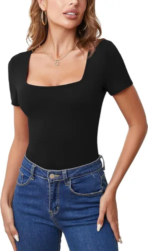 Vista 3 de JUEYUN Body de manga corta con cuello cuadrado para mujer, ajustado, sexy, básico