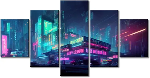 Vista 308 de Cuadros de 5 paneles de Cyberpunk City, arte de pared, representación de vallas publicitarias, edificios modernos en la capital con obras de arte