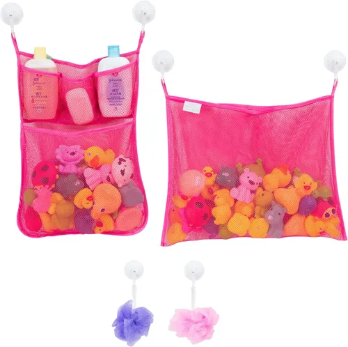 Vista 4 de 2 x Mesh, Organizador de juguetes para baño + 6 ganchos fuertes, bolsas de red perfecta para juguetes para la tina, Estas bolsas organizadoras