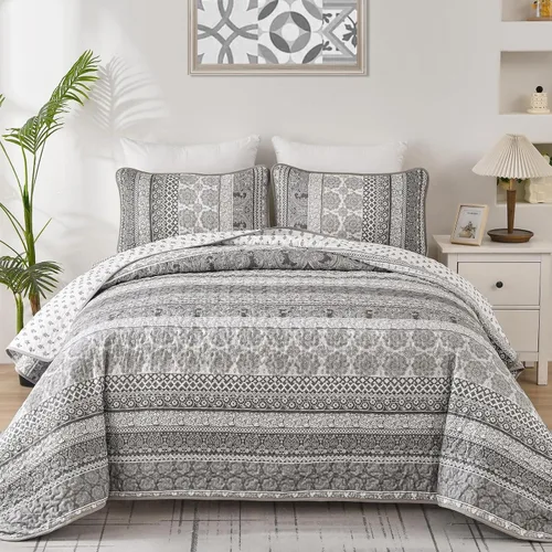 Vista 23 de WONGS BEDDING Juego de Edredón Boho Tamaño Full, Juego de Edredones Bohemios Grises de 3 Piezas, Juego de Ropa de Cama Cubrecama de Microfibra Negro