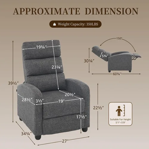 Vista 2 de Furnimart Silla reclinable manual pequeña para espacios compactos, chenilla sobrerelleno, cojín grueso, cómodo sofá reclinable individual