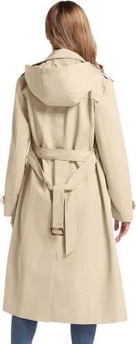Vista 3 de poonyfesh Gabardina larga impermeable resistente al viento para mujer clásica con solapa de doble botonadura con capucha extraíble