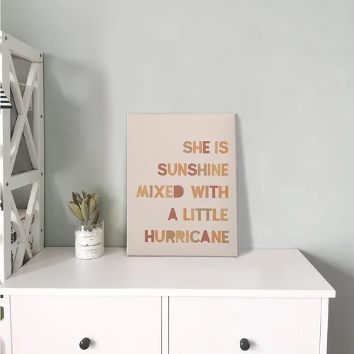 Vista 4 de PHAMTE Decoración de pared para dormitorio de niñas, arte de pared con texto en inglés «She is Sunshine Mixed with a Little Hurricane», lienzo