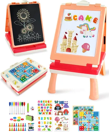 Vista 10 de Elovien Caballete para niños, caballete de arte de doble cara 4 en 1 con pizarra y pizarra blanca magnética, caballete de mesa plegable para niños