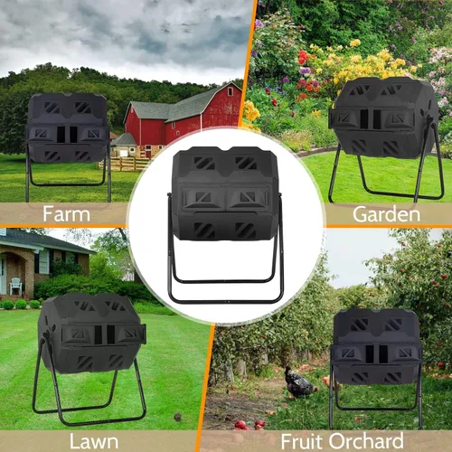 Vista 5 de Contenedor de compostaje de 43 galones para exteriores con puertas correderas de doble cámara, compostador de volteo, compostadores manuales