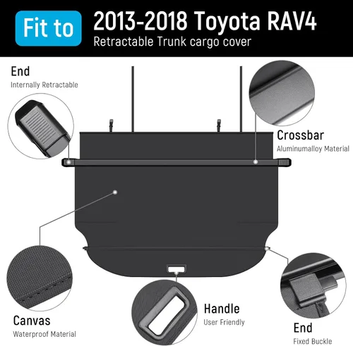 Vista 2 de Cubierta de carga compatible con Toyota RAV4 2018 2017 2016 2015 2014 2013, accesorios de lona de textura retráctil, cubierta de maletero, protector