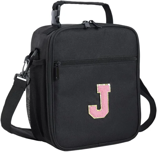 Vista 100 de ELEFOCUS Lonchera aislada con inicial para mujeres y hombres, bolsa de almuerzo personalizada con monograma con correa de hombro ajustable