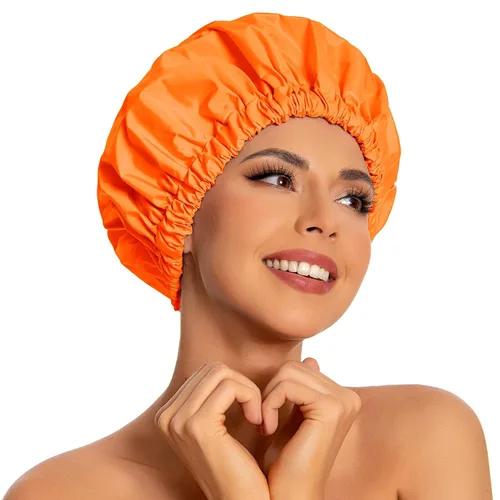 Vista 7 de Gorro de ducha reutilizable para mujer, grande, impermeable, lavable, banda elástica, accesorios de baño, sombrero para cabello largo, trenzas Beige